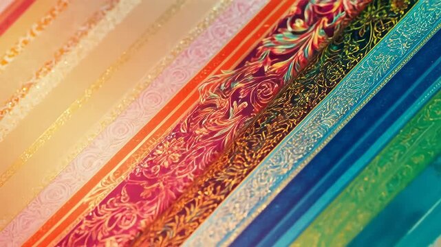 A vibrant array of intricately patterned ribbons showcasing a diverse spectrum of colors and ornate decorative textures, creating a rich and opulent visual tapestry