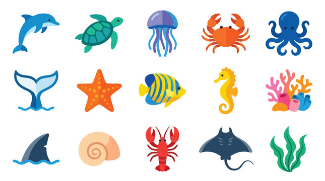 A vibrant collection of cartoon marine animals and sea life elements, including a dolphin, turtle, jellyfish, crab, octopus, and more, depicted in a flat design style.