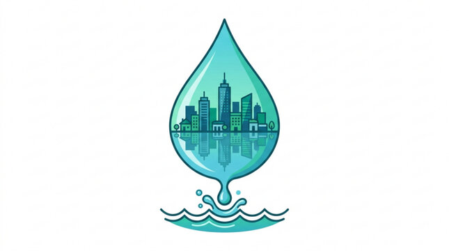 Cityscape reflected in a single water droplet with ripples on a clean white background