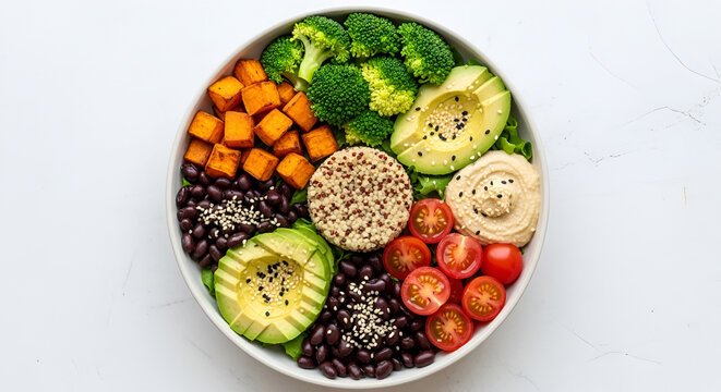 Colorful Vegan Buddha Bowl Arranged on White Table