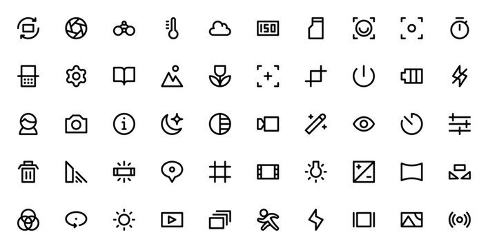 Camera interface icon set. Camera controls icon pack. Minimal line icons for photo settings, featuring aperture, ISO, flash, focus, battery, timer, white balance, and more. Editable vector stroke.