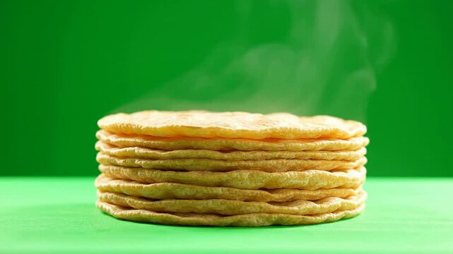 Freshly Stacked Tortillas Emitting Steam On Green Screen Background Perfect For Culinary Projects