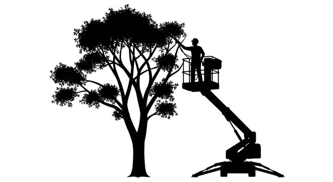 Arborist silhouette in cherry picker pruning tree, isolated on white