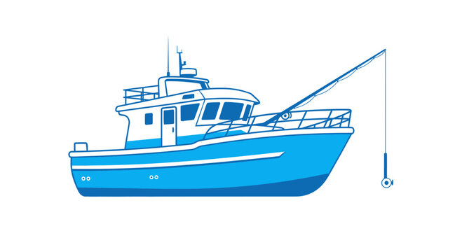 Fishing boat with rod and reel, cartoon style, isolated on white background.