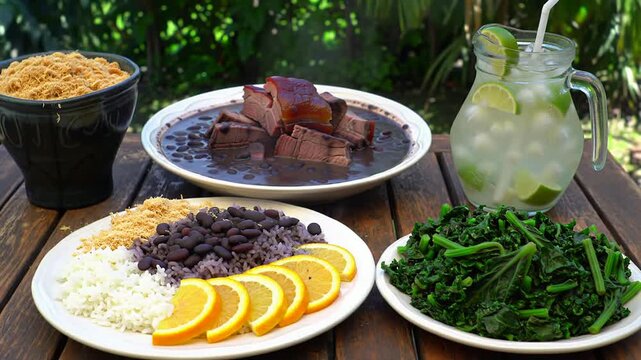 Gourmet Healthy Meal Displaying Rice, Beans, Greens, Oranges, and Refreshing Drink in Lush Outdoor Setting