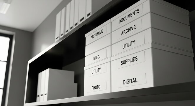 Neatly Stacked White Storage Boxes Labeled for Organization on Shelving