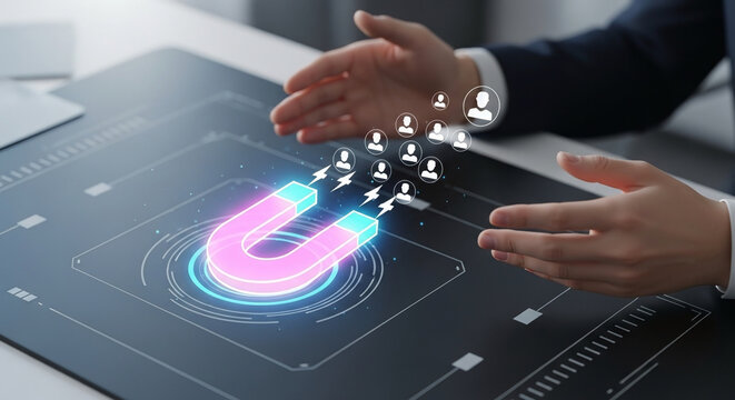 High-tech business marketing concept showing a professional using a glowing digital magnet to attract new customer leads and target audience icons.