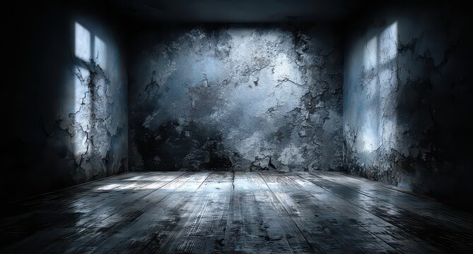 Abstract Grunge Dark Background With An Empty Room Wall And Floor illuminated by eerie light coming from two windows showcasing a textured and distressed surface with scattered particles