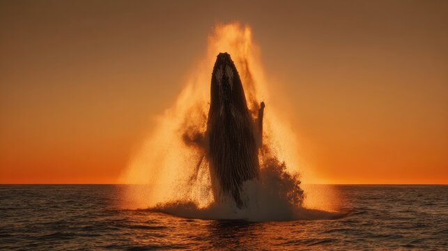 dovekie. A whale breaching the ocean surface at sunset with a plume of mist. inspiring travel planning, wildlife magazines, designed for wildlife conservation campaigns, used by project managers.