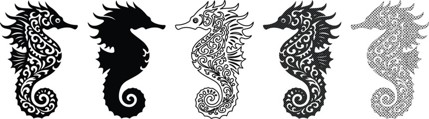 Obraz premium Intricate Seahorse Vector Collection. Decorative marine animal silhouettes, elegant sea creature illustrations, black and white ocean life graphics for design projects.