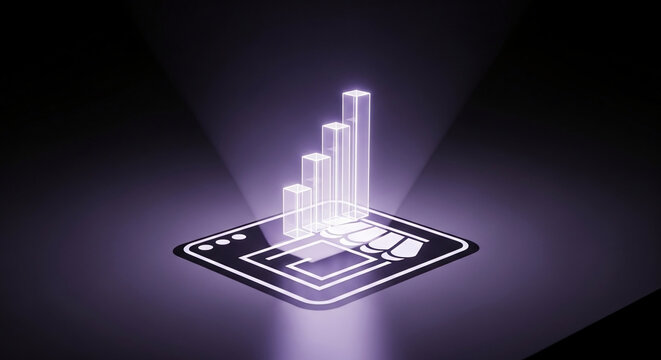Futuristic 3D bar chart hologram glowing on a digital interface, representing financial growth, stock market success, and advanced data analytics for business.