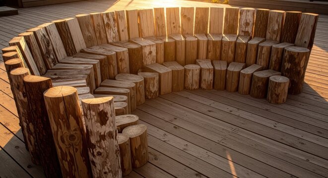 Curved arrangement of split logs forming outdoor seating in a natural setting bathed in warm sunlight