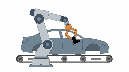 Naklejka premium A illustration 2d vector style of an Automated car assembly line in the factory. isolated on solid white background