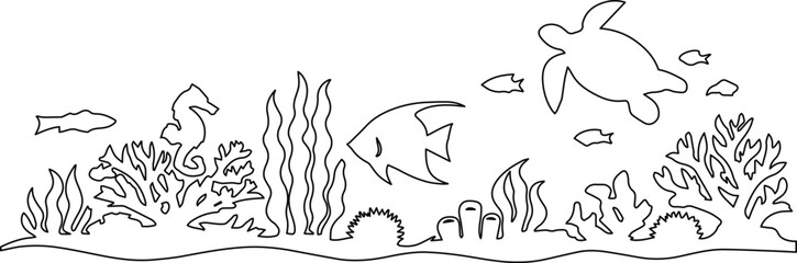 Underwater ocean life vector illustration, marine ecosystem line art, sea creatures and coral reef outline graphic, aquatic wildlife coloring page design © Shanza