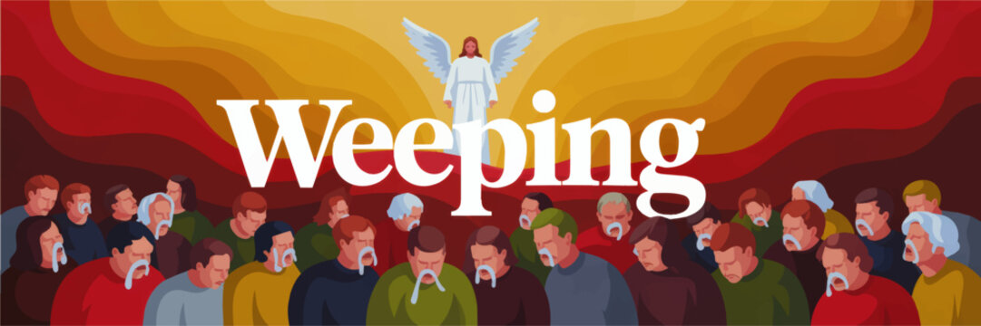 Weeping crowd illustration with angel in heaven, grieving people crying tears, emotional religious sorrow background banner art
