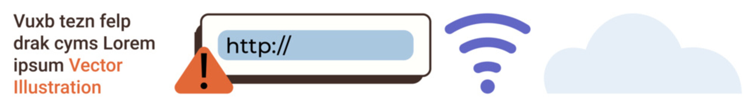 Digital security, internet safety, online warnings, data connectivity, cloud storage, technology risks. URL bar with alert icon beside wireless and cloud symbols. Digital security and internet safety