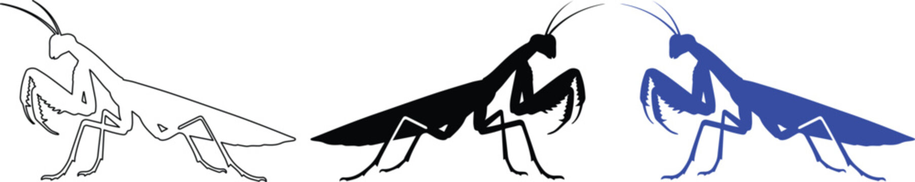 Praying Mantis Vector Set, detailed insect illustrations in outline, solid black, and vibrant blue. Versatile entomology graphics for nature, science, or educational design projects.