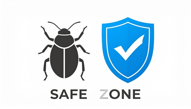 Bug icon and shield with checkmark, representing safe zone