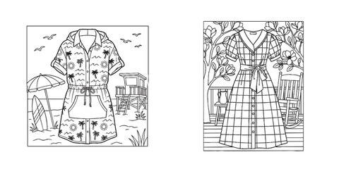 Naklejka premium Tropical Beach Hoodie Coverup Dress And Vintage Plaid Porch Swing Midi Dress Fashion Coloring Pages