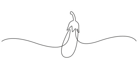 Obraz premium Eggplant vegetable in one line art style for healthy food and menu design. Minimalist continuous line drawing of a fresh aubergine for organic market and kitchen branding.