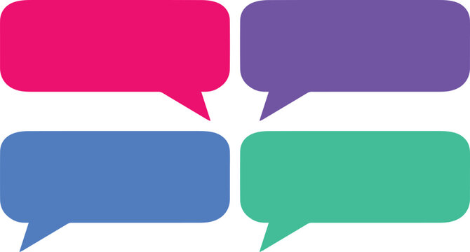 Colorful speech bubbles vector set, four vibrant chat boxes, modern communication icons, blank message balloons for text and dialogue, graphic resource for web design and social media.