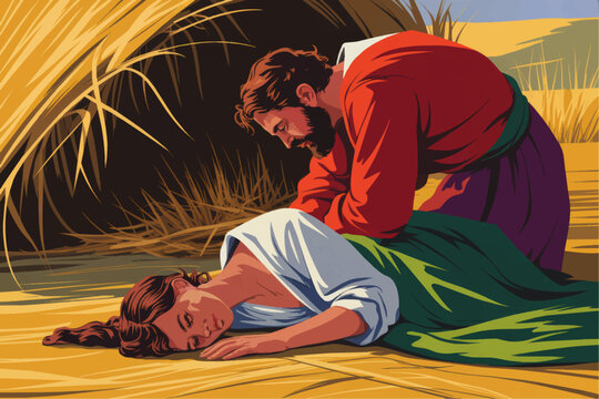 Biblical illustration of Ruth and Boaz at the threshing floor, romantic Old Testament couple in colorful harvest field artwork