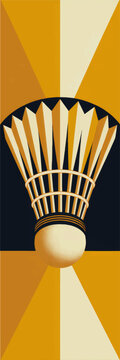 Retro geometric badminton shuttlecock illustration in yellow and dark blue, vintage sports poster style vertical graphic art