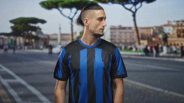 Man in blue and black soccer jersey points index finger with exposed forearm on street plaza with umbrella pines and city buildings; confidence.