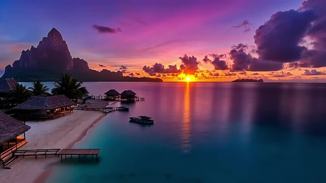 Prompt: A breathtaking aerial view of a tropical beach coastline during a colorful sunset. Warm orange and pink sunlight reflects beautifully across the calm ocean surface while soft waves meet the sa
