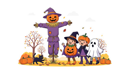 Fototapeta premium Happy Halloween illustration with kids in costumes, scarecrow, ghost, and black cat