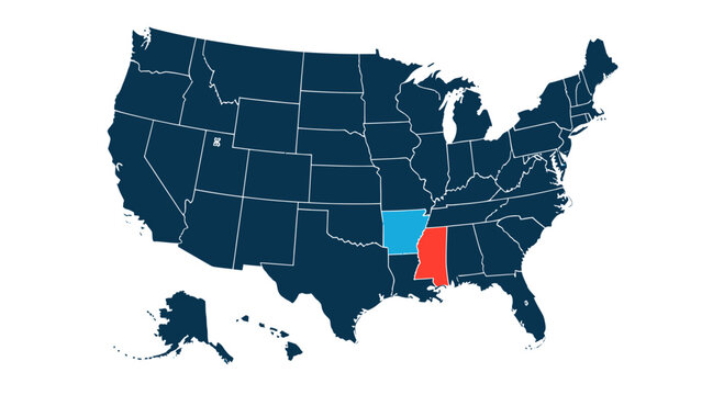 Map of USA highlighting Mississippi in red and Louisiana in blue