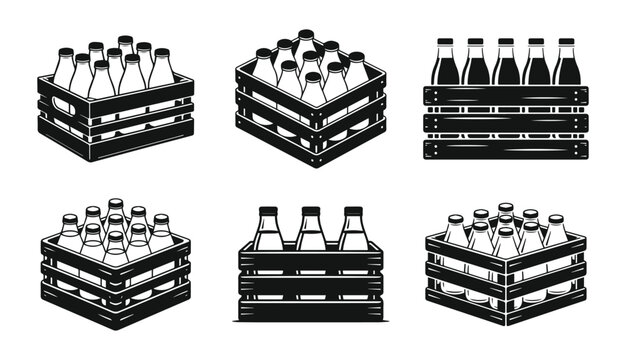 Set of Minimalist black crate of milk bottles silhouette vector icon