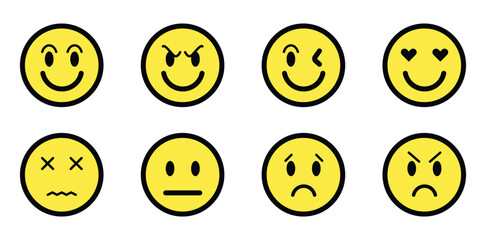 Fototapeta premium Set of yellow flat emoji icons with various facial expressions. Minimalist vector collection of emoticons including happy, sad, angry, wink, and love faces isolated on white background.