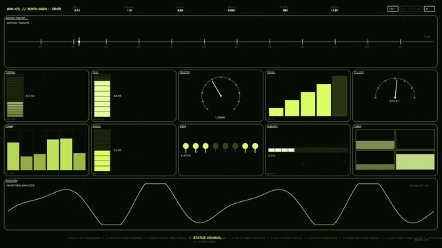 Futuristic green spaceship HUD interface with telemetry data gauges and mission timeline dashboard display