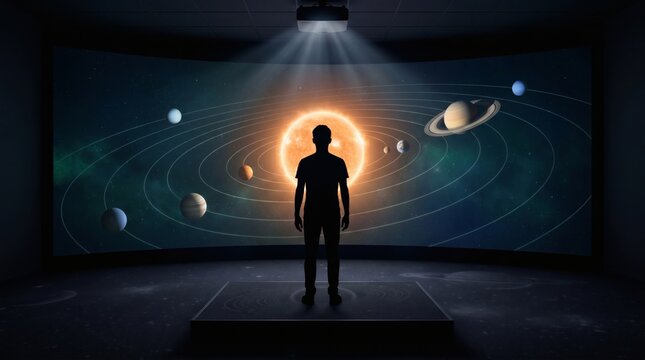 Student silhouette exploring 3D solar system in immersive virtual reality classroom for astronomy e-learning