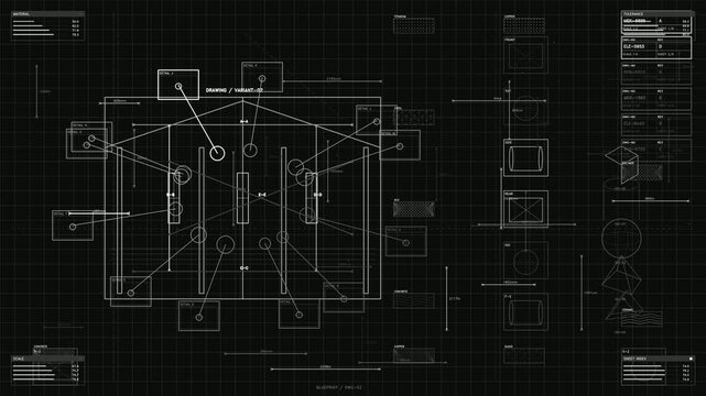Technical architectural blueprint interface with mechanical schematics and data visualization on black grid background