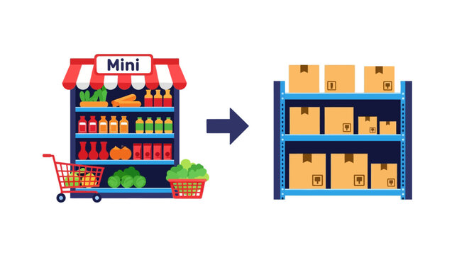 Illustration of a mini-mart shelf display transitioning into a warehouse storage rack with boxes, symbolizing inventory management and logistics.