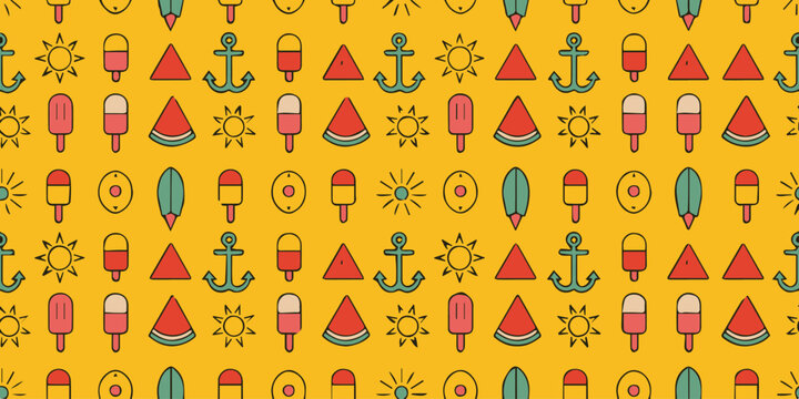 summer seamless pattern nautical beach icons surfboard umbrella star