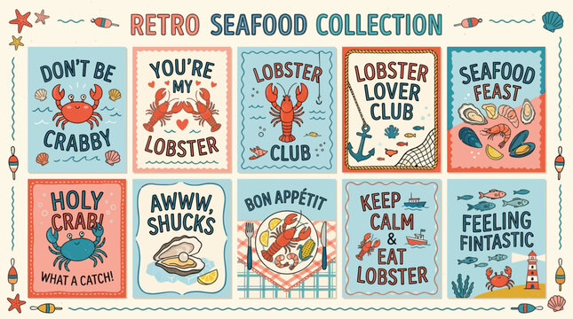 A retro-inspired flat vector poster collection featuring seafood and lobster-themed illustrations