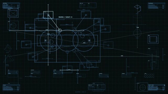 Futuristic technical blueprint HUD interface with engineering data and glowing geometric shapes on dark grid