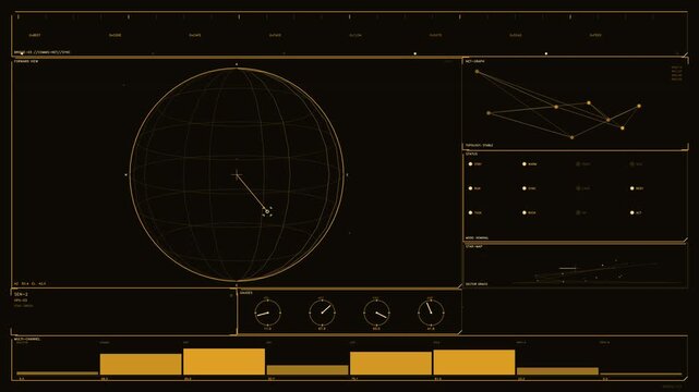 Futuristic Amber HUD Interface with Navigation Radar Globe Gauges and Real Time Data Visualisation
