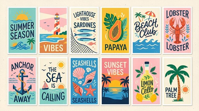 A retro-inspired flat vector poster collection with summer beach and coastal themes