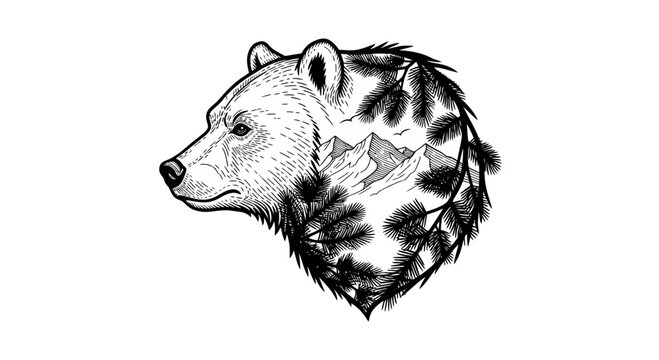 Bear Head Silhouette with Mountain Landscape and Pine Branches, Black and White Illustration