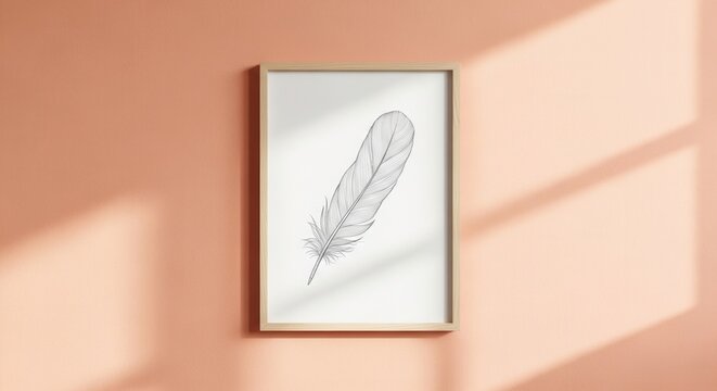 Framed minimalist ink drawing of a single delicate feather artwork displayed on a peach wall with soft light shadows