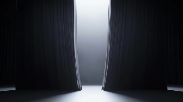 Black theater curtains opening to reveal a bright glowing stage