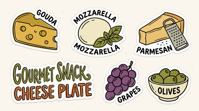 Varieties of cheese in retro cartoon style