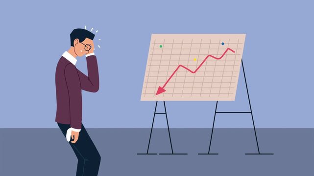 Stressed businessman looking at declining financial graph on a whiteboard showing economic crisis and market crash.