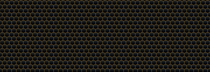 Seamless black hexagon pattern with glowing golden lines forming luxury honeycomb texture for premium backgrounds, futuristic wallpapers, gaming designs, branding, packaging, digital banners © SpainArts