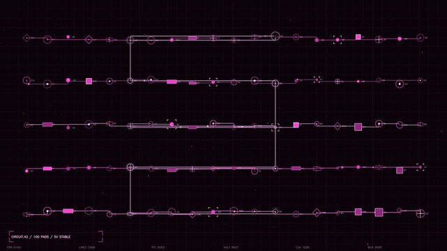 Sci-Fi HUD Interface Displaying Pink Digital Circuit Schematic and Technical Data Telemetry