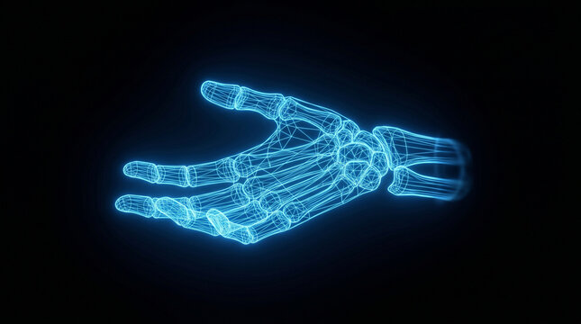 Digital wireframe of a human hand skeleton glowing in neon blue light representing advanced medical technology and anatomical research visualization created with complex three dimensional mesh modelin